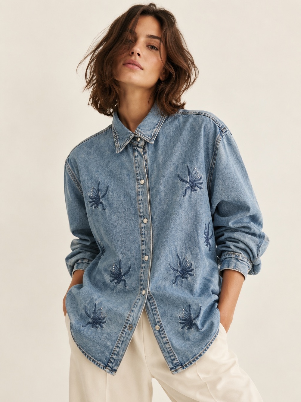 Vintage Oversized Denim Shirt with Embroidery